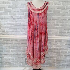 Boutique Tie Dye Embroidered Free Size Dress Red White Blue Patriotic Boho Beach